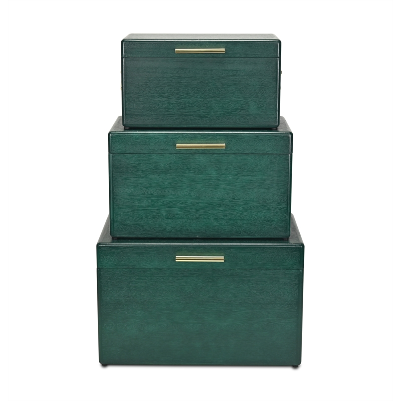 Pemberly Row Set of 3 Green Storage Trunks with Gold Handles