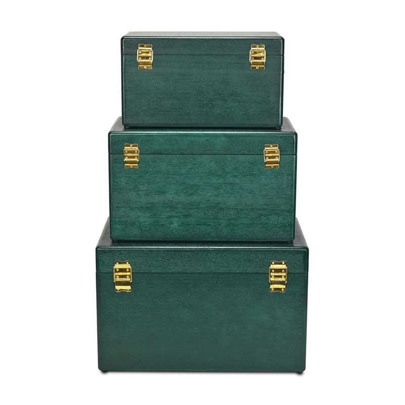 Pemberly Row Set of 3 Green Storage Trunks with Gold Handles