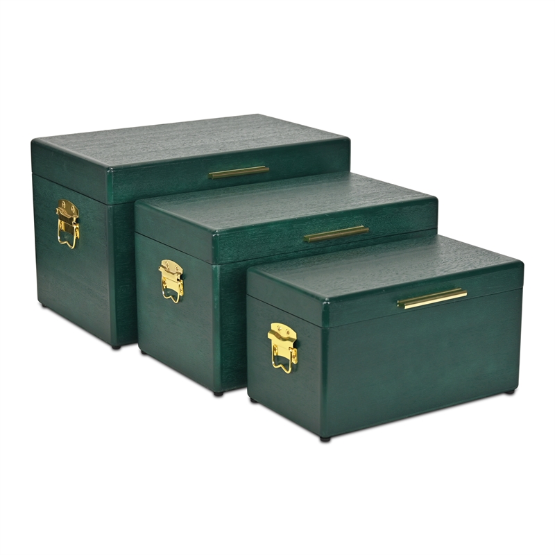 Pemberly Row Set of 3 Green Storage Trunks with Gold Handles