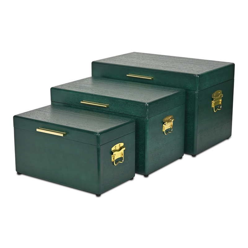 Pemberly Row Set of 3 Green Storage Trunks with Gold Handles