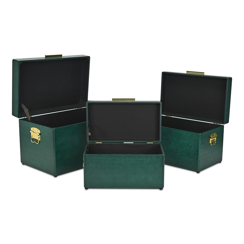 Pemberly Row Set of 3 Green Storage Trunks with Gold Handles