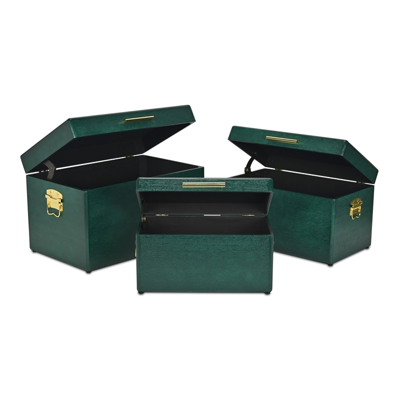 Pemberly Row Set of 3 Green Storage Trunks with Gold Handles
