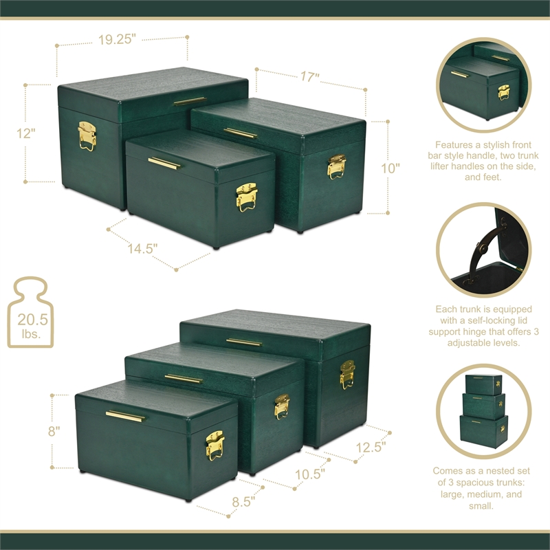 Pemberly Row Set of 3 Green Storage Trunks with Gold Handles