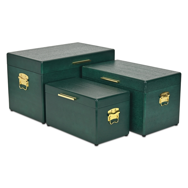 Pemberly Row Set of 3 Green Storage Trunks with Gold Handles