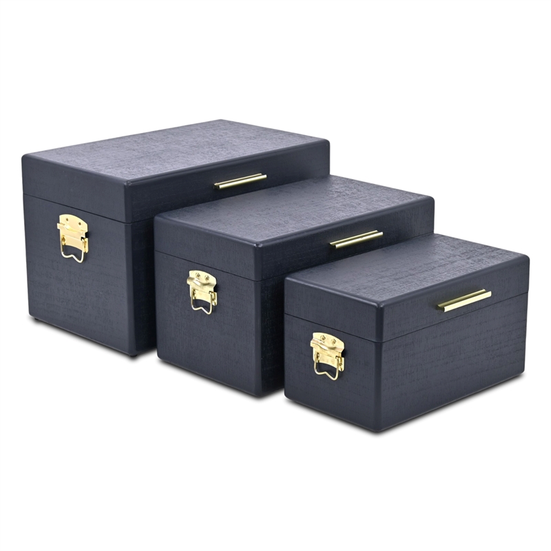 Pemberly Row Set of 3 Navy Blue Trunks with Gold Handles