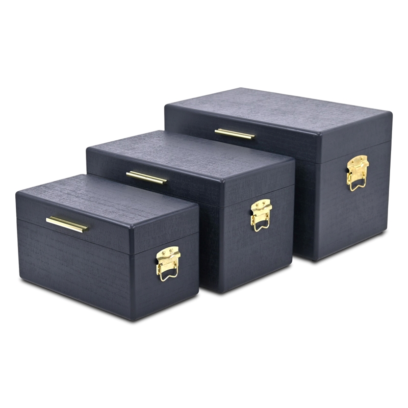 Pemberly Row Set of 3 Navy Blue Trunks with Gold Handles