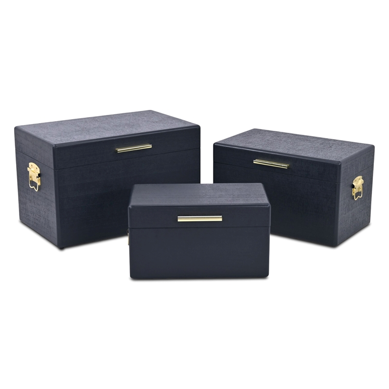 Pemberly Row Set of 3 Navy Blue Trunks with Gold Handles