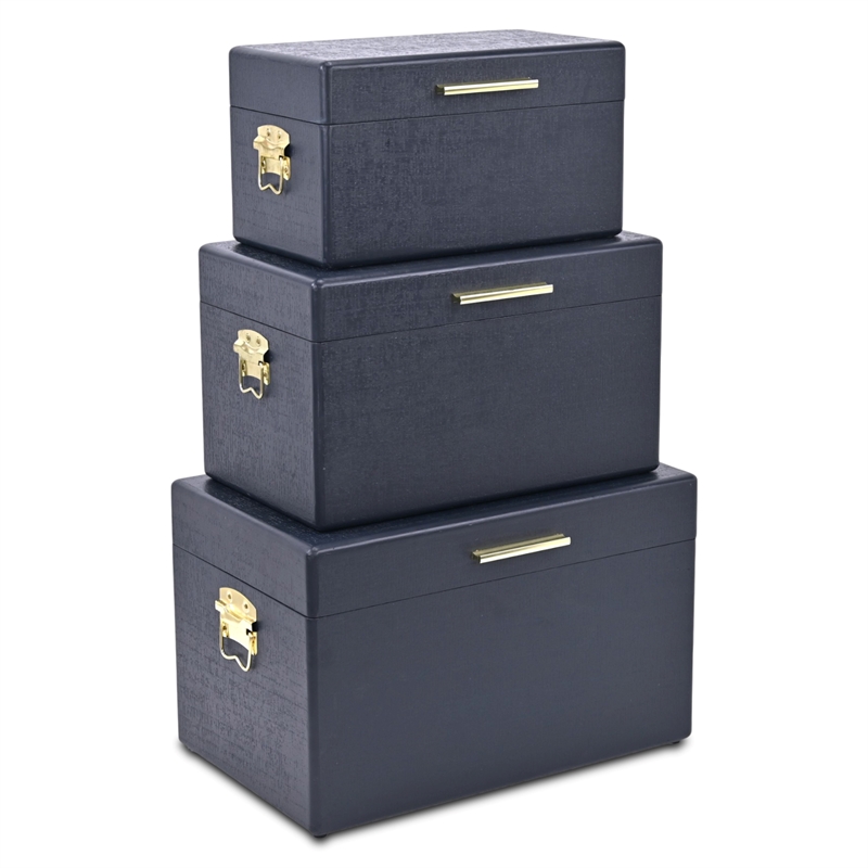 Pemberly Row Set of 3 Navy Blue Trunks with Gold Handles