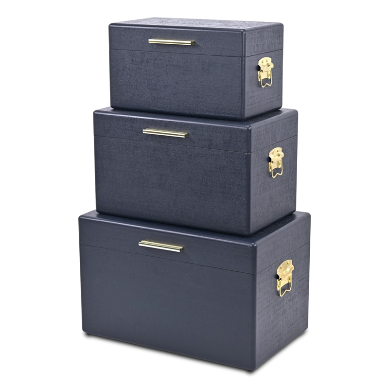 Pemberly Row Set of 3 Navy Blue Trunks with Gold Handles