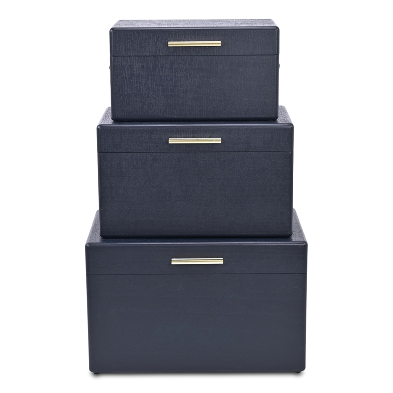 Pemberly Row Set of 3 Navy Blue Trunks with Gold Handles