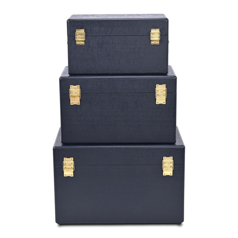Pemberly Row Set of 3 Navy Blue Trunks with Gold Handles