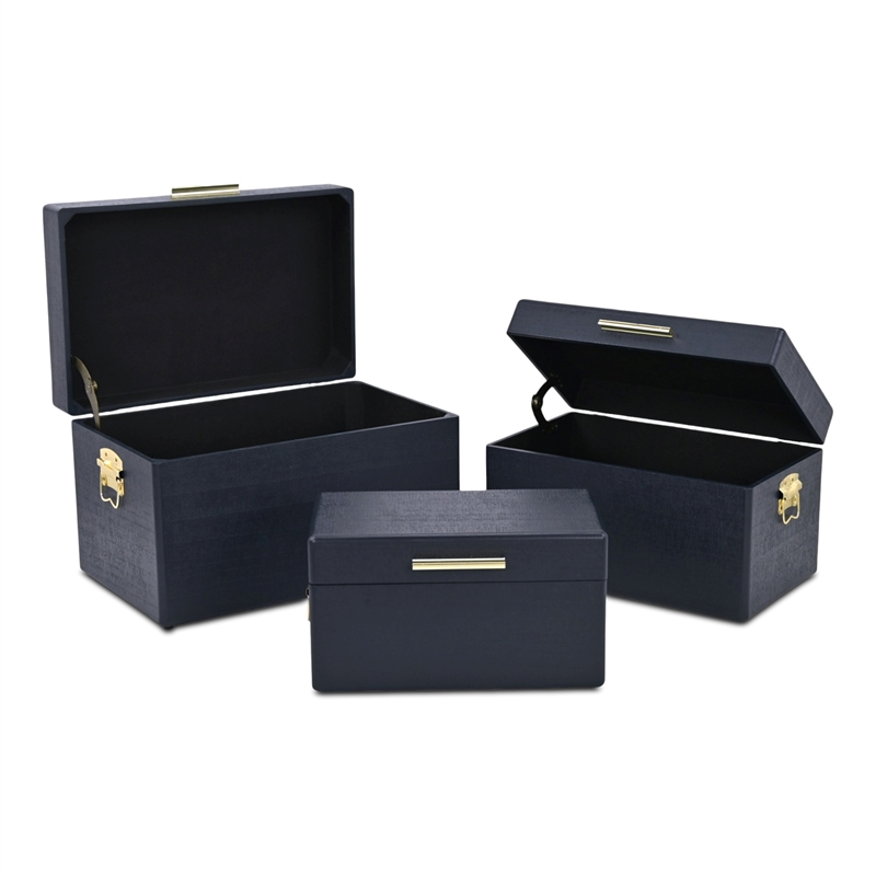 Pemberly Row Set of 3 Navy Blue Trunks with Gold Handles