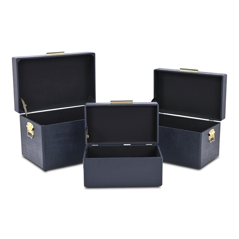 Pemberly Row Set of 3 Navy Blue Trunks with Gold Handles