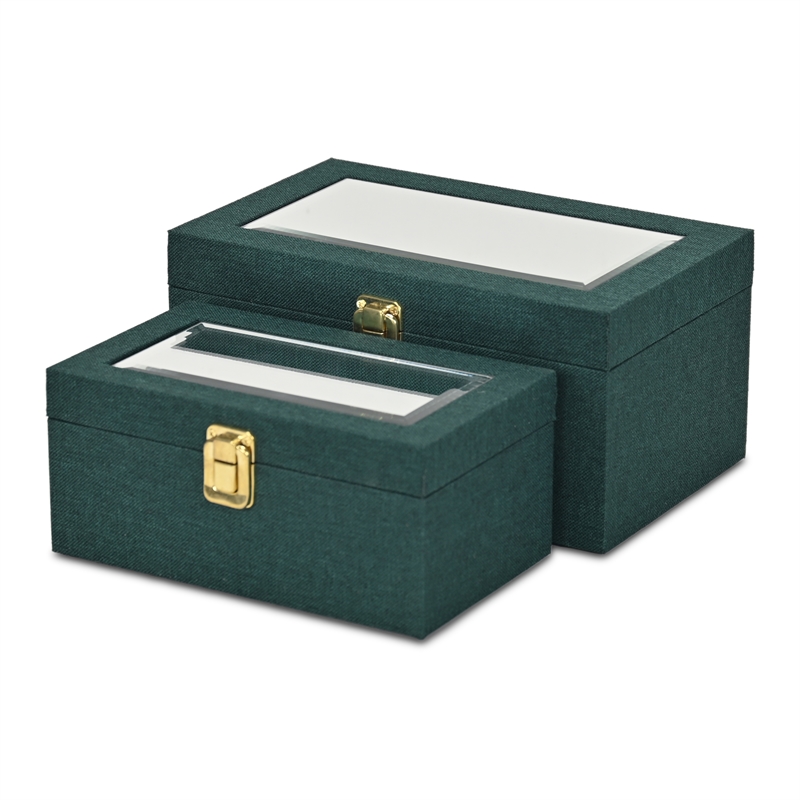 Pemberly Row 2 Pc Nested Linen Box Set in Dark Green with Gold Accents