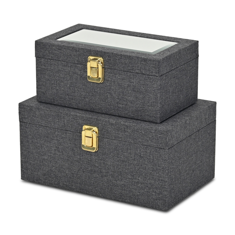 Pemberly Row 2 Pc Nested Linen Box Set in Dark Gray with Gold Accents