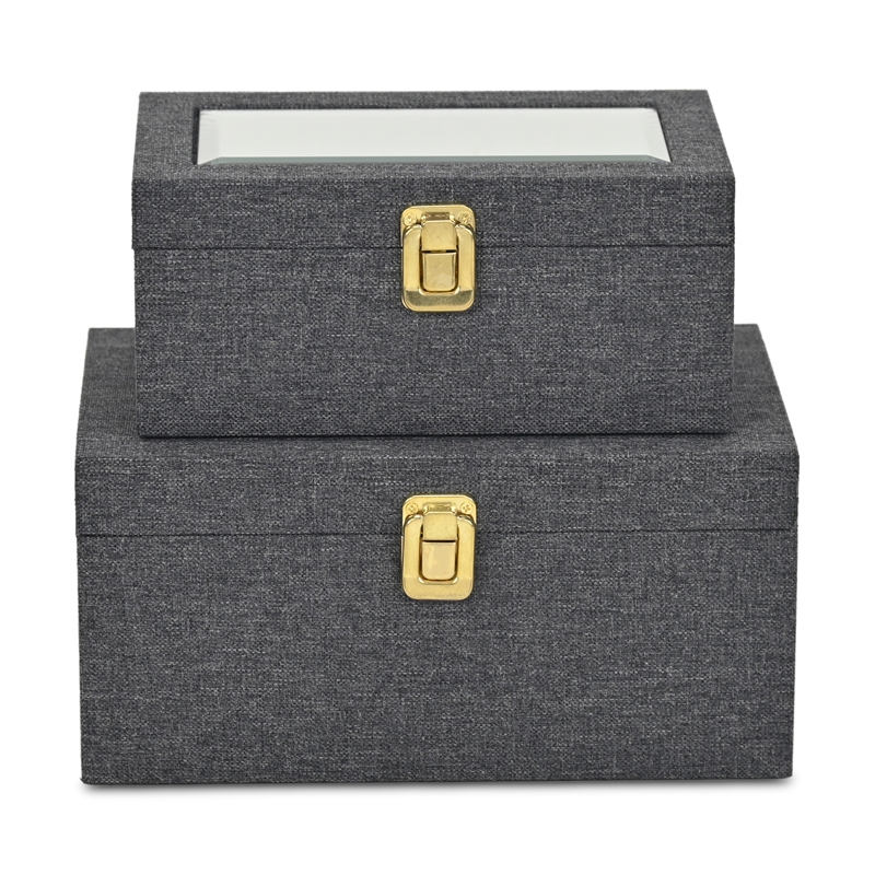 Pemberly Row 2 Pc Nested Linen Box Set in Dark Gray with Gold Accents