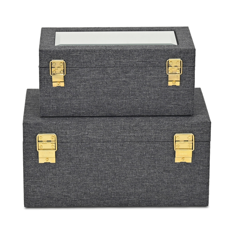 Pemberly Row 2 Pc Nested Linen Box Set in Dark Gray with Gold Accents