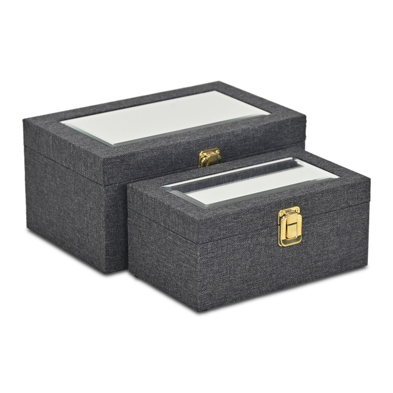 Pemberly Row 2 Pc Nested Linen Box Set in Dark Gray with Gold Accents