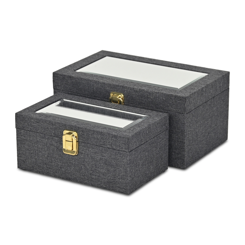 Pemberly Row 2 Pc Nested Linen Box Set in Dark Gray with Gold Accents