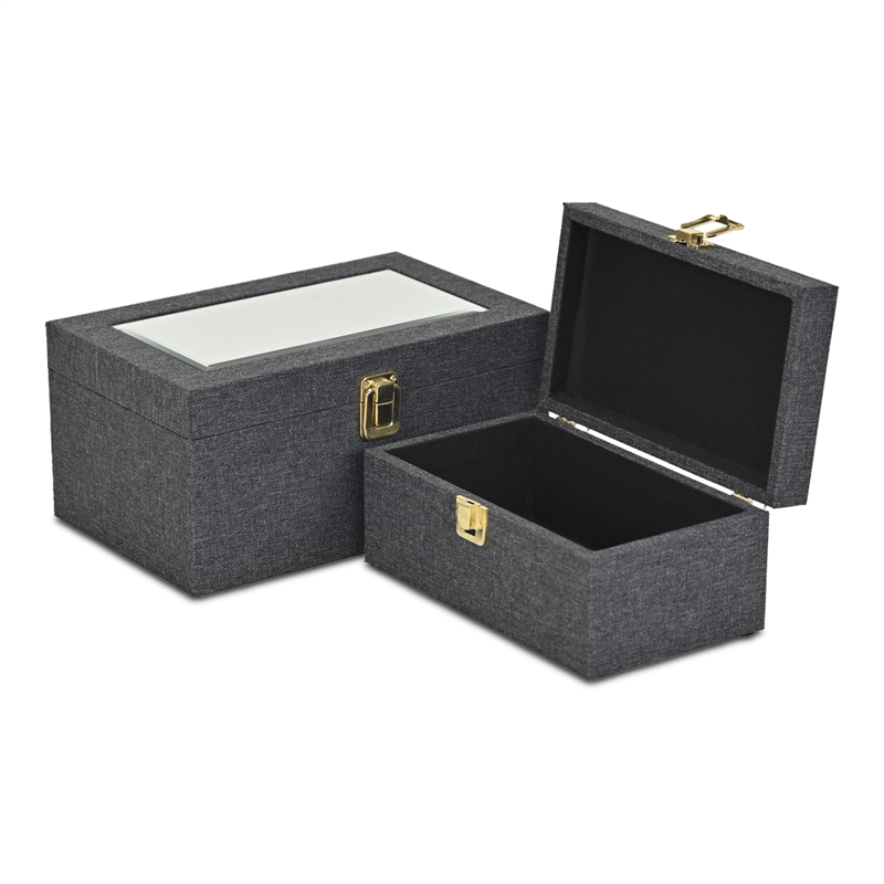 Pemberly Row 2 Pc Nested Linen Box Set in Dark Gray with Gold Accents