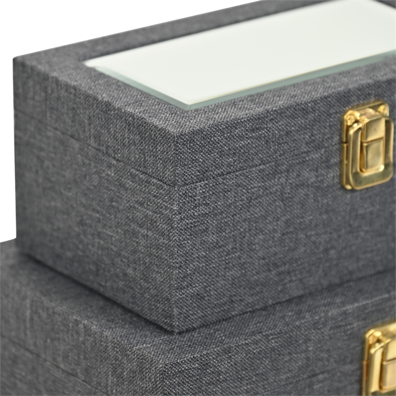 Pemberly Row 2 Pc Nested Linen Box Set in Dark Gray with Gold Accents