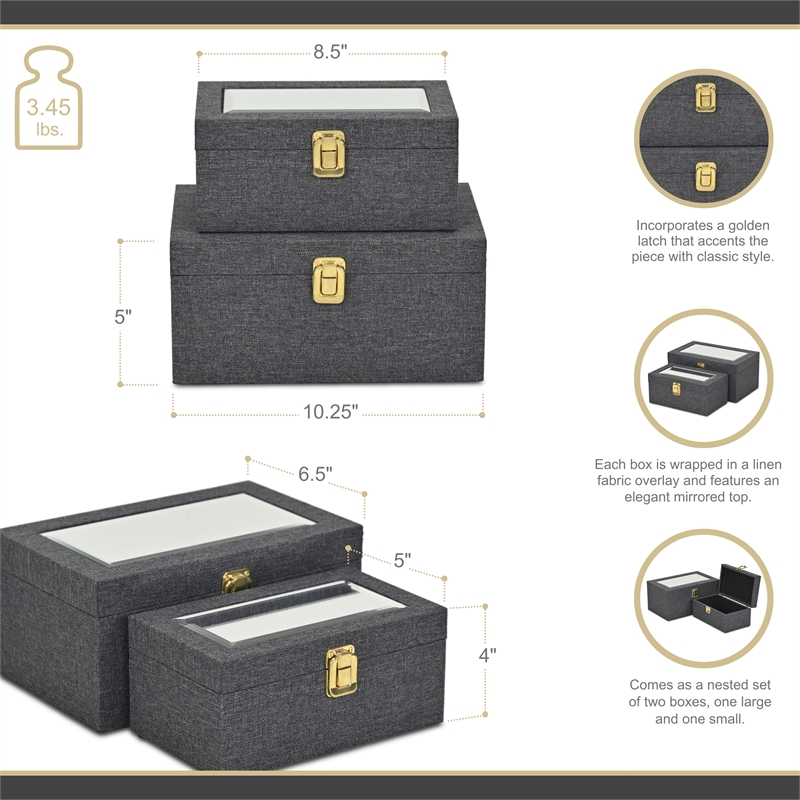 Pemberly Row 2 Pc Nested Linen Box Set in Dark Gray with Gold Accents