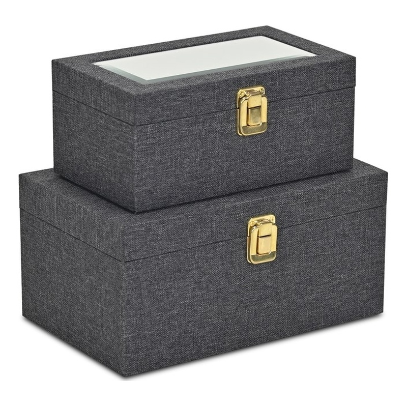 Pemberly Row 2 Pc Nested Linen Box Set in Dark Gray with Gold Accents