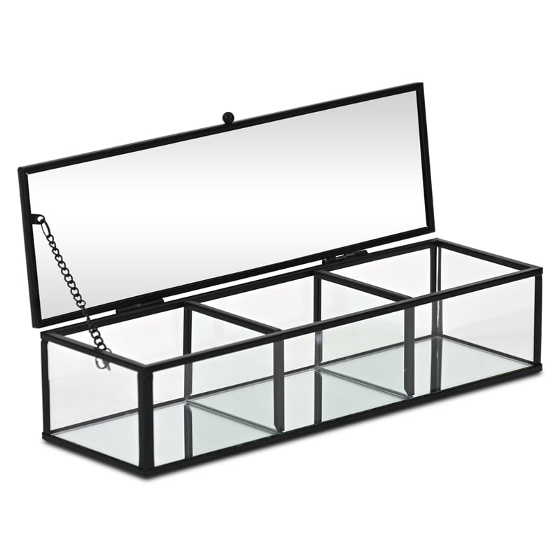 Pemberly Row Mirrored Glass Display Box with 3 Compartments in Black