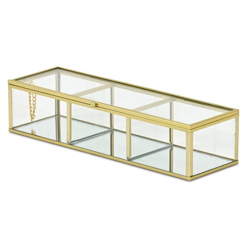 Pemberly Row Mirrored Glass Display Box with 3 Compartments in Gold