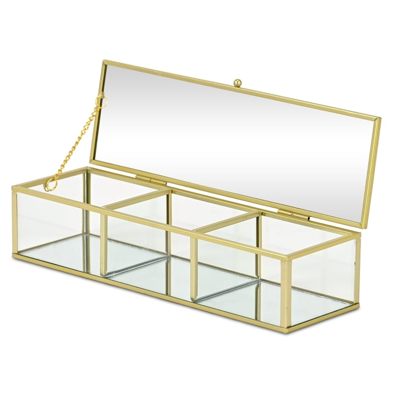 Pemberly Row Mirrored Glass Display Box with 3 Compartments in Gold