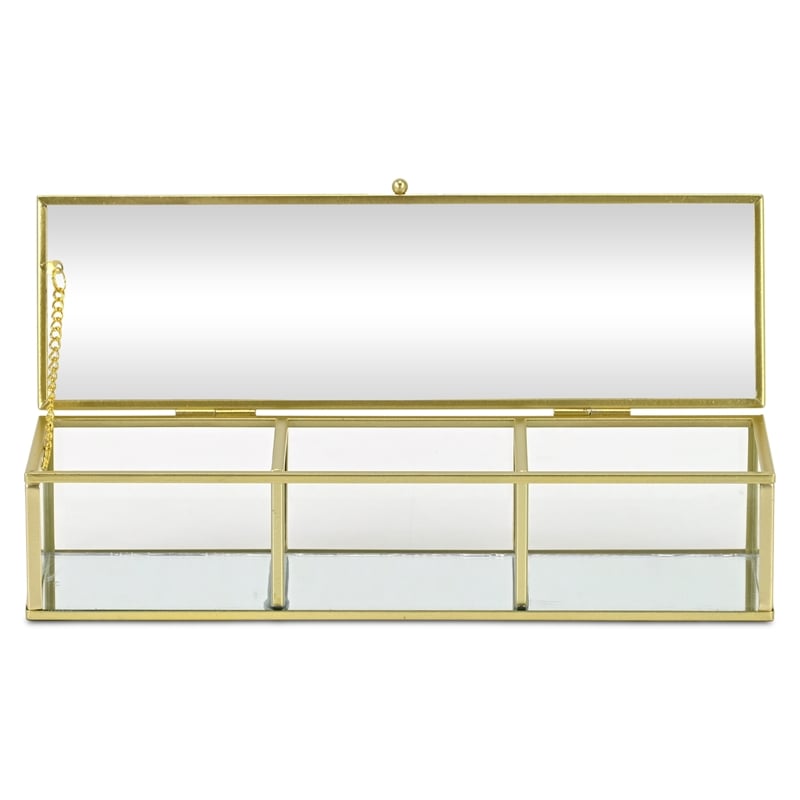 Pemberly Row Mirrored Glass Display Box with 3 Compartments in Gold