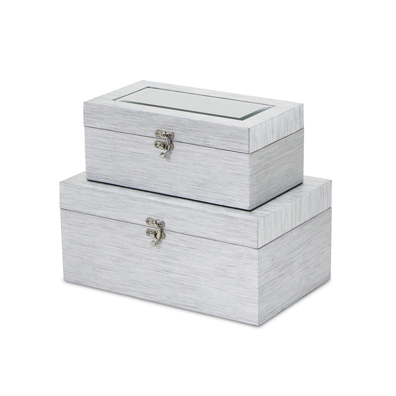 Pemberly Row Beveled Mirror Boxes Set of 2 in Silver Vinyl Finish