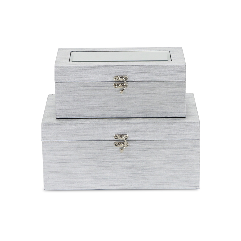 Pemberly Row Beveled Mirror Boxes Set of 2 in Silver Vinyl Finish