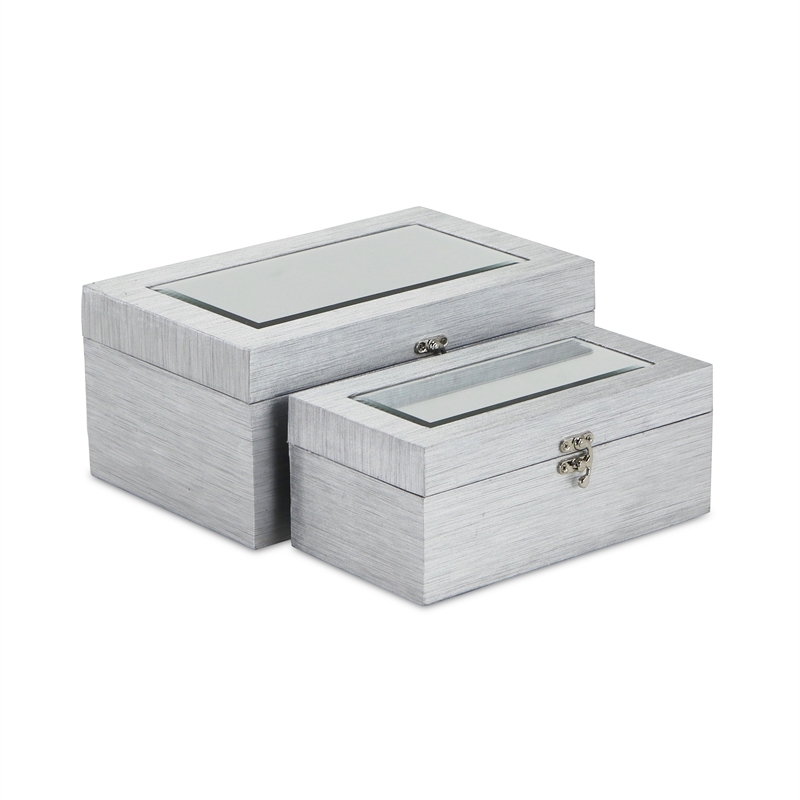 Pemberly Row Beveled Mirror Boxes Set of 2 in Silver Vinyl Finish