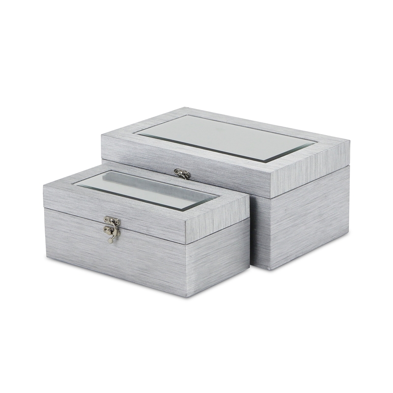 Pemberly Row Beveled Mirror Boxes Set of 2 in Silver Vinyl Finish