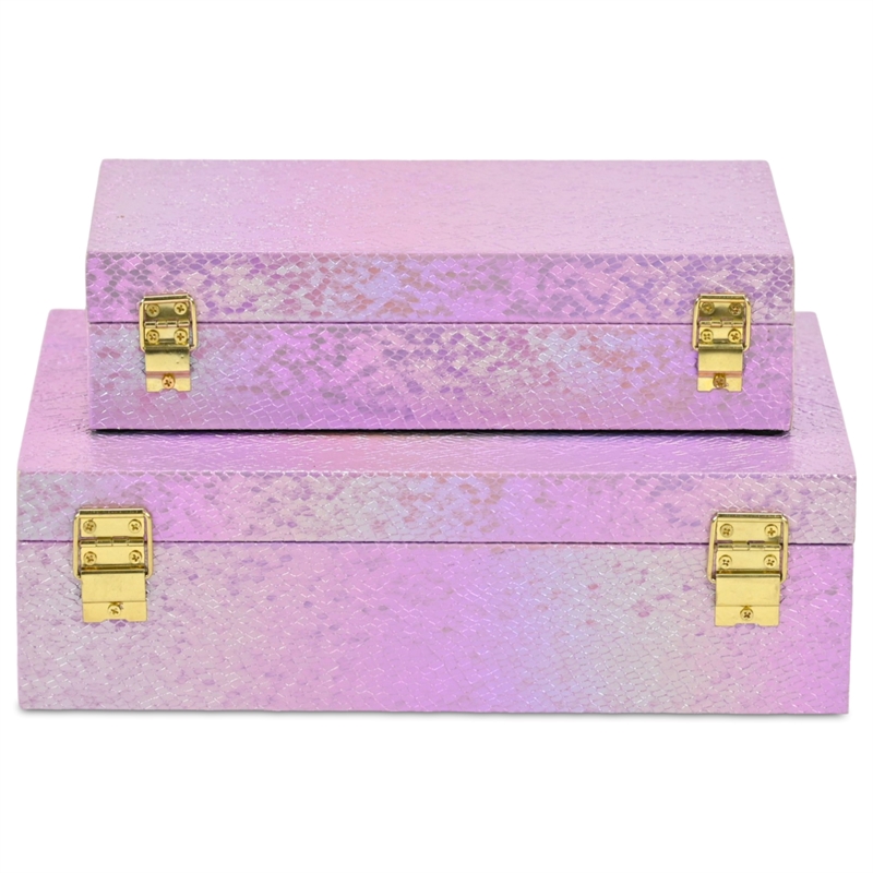 Pemberly Row Seascale Pattern Iridescent Box Set with Gold Handles - Pink