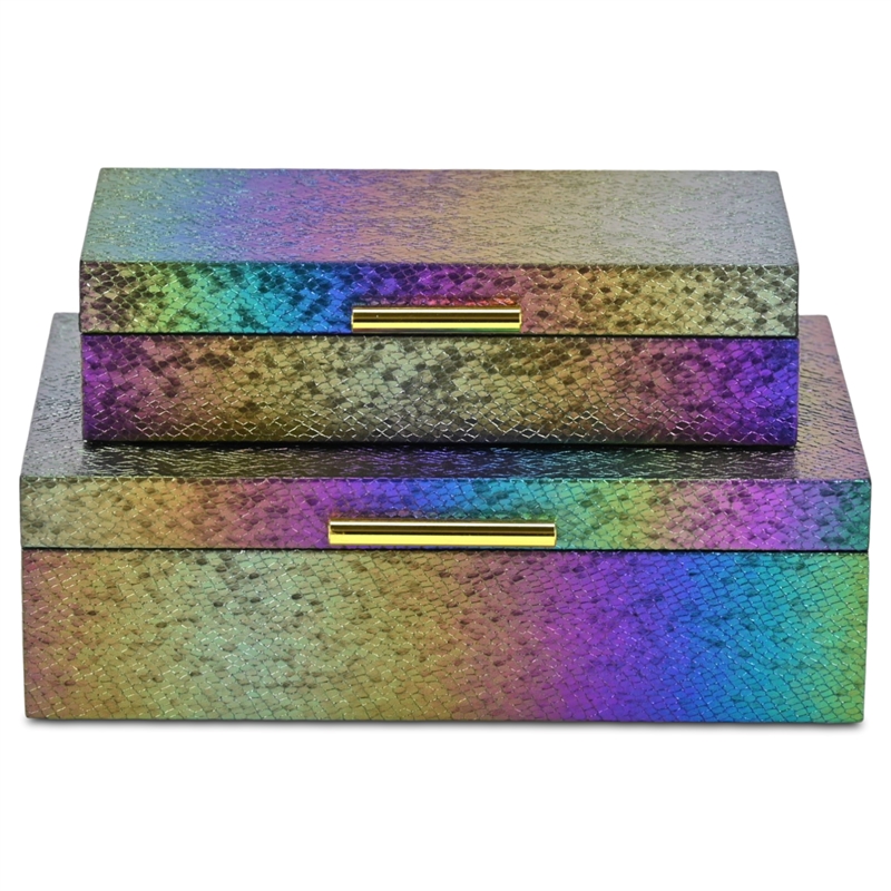 Pemberly Row Seascale Pattern Iridescent Box Set with Gold Handles - Rainbow