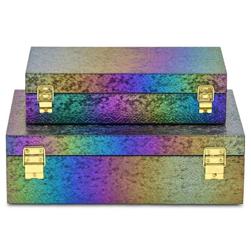Pemberly Row Seascale Pattern Iridescent Box Set with Gold Handles - Rainbow