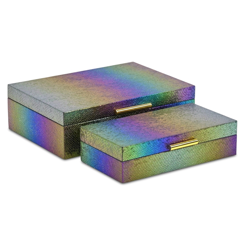 Pemberly Row Seascale Pattern Iridescent Box Set with Gold Handles - Rainbow