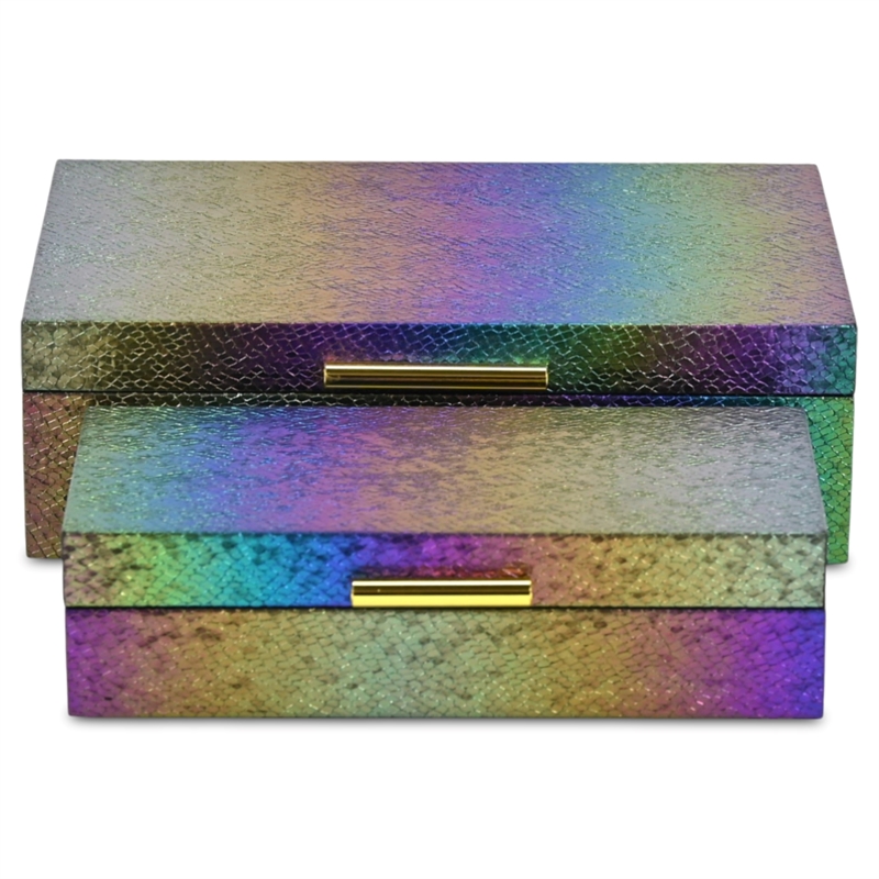 Pemberly Row Seascale Pattern Iridescent Box Set with Gold Handles - Rainbow