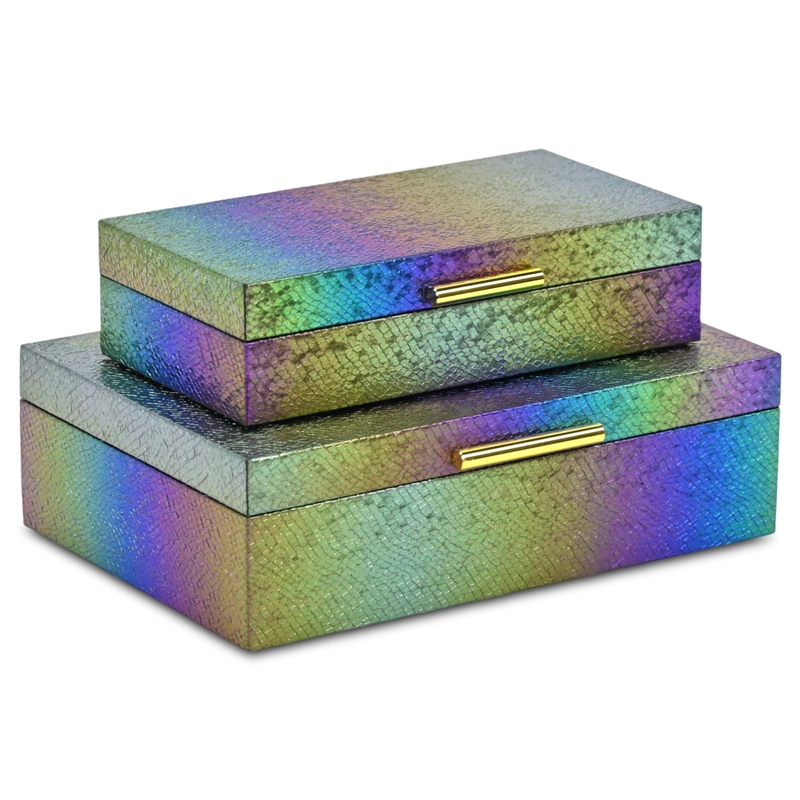 Pemberly Row Seascale Pattern Iridescent Box Set with Gold Handles - Rainbow