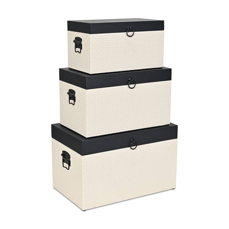 Pemberly Row Set of 3 Black Shagreen & Cream Wicker Pattern Storage Trunks
