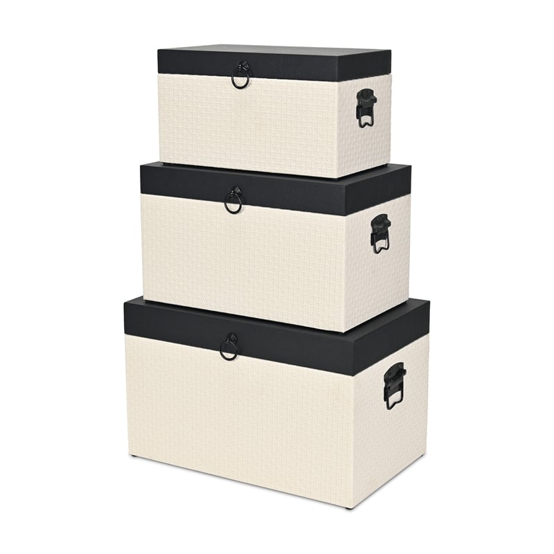 Pemberly Row Set of 3 Black Shagreen & Cream Wicker Pattern Storage Trunks