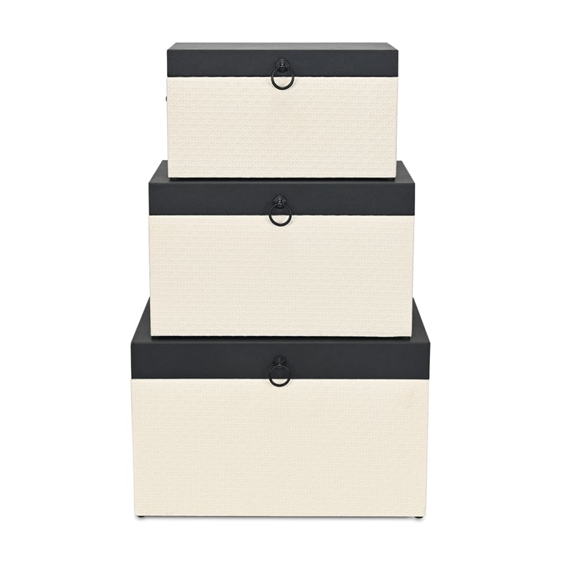 Pemberly Row Set of 3 Black Shagreen & Cream Wicker Pattern Storage Trunks