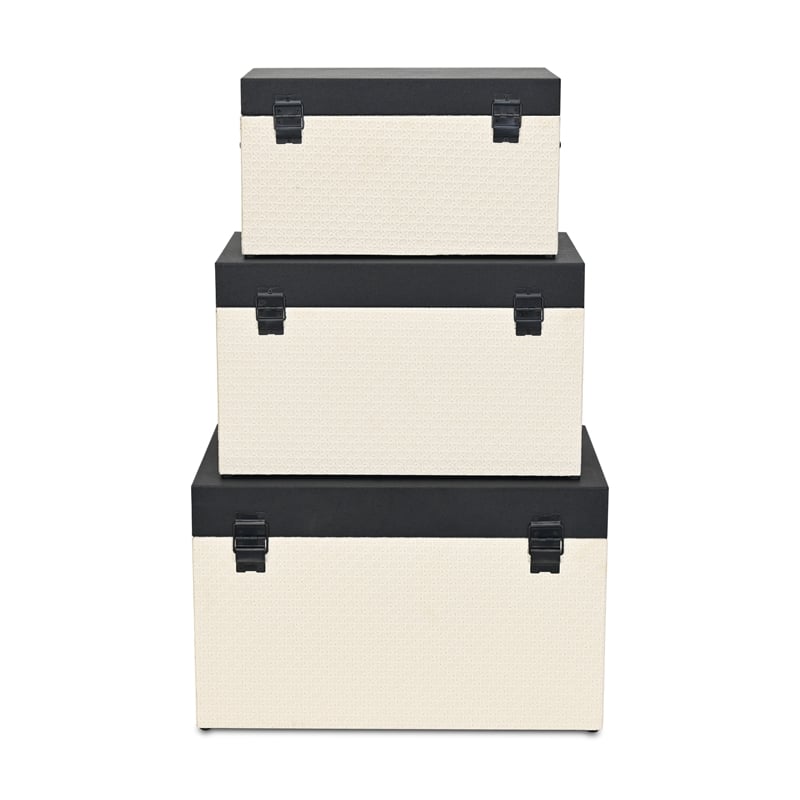 Pemberly Row Set of 3 Black Shagreen & Cream Wicker Pattern Storage Trunks