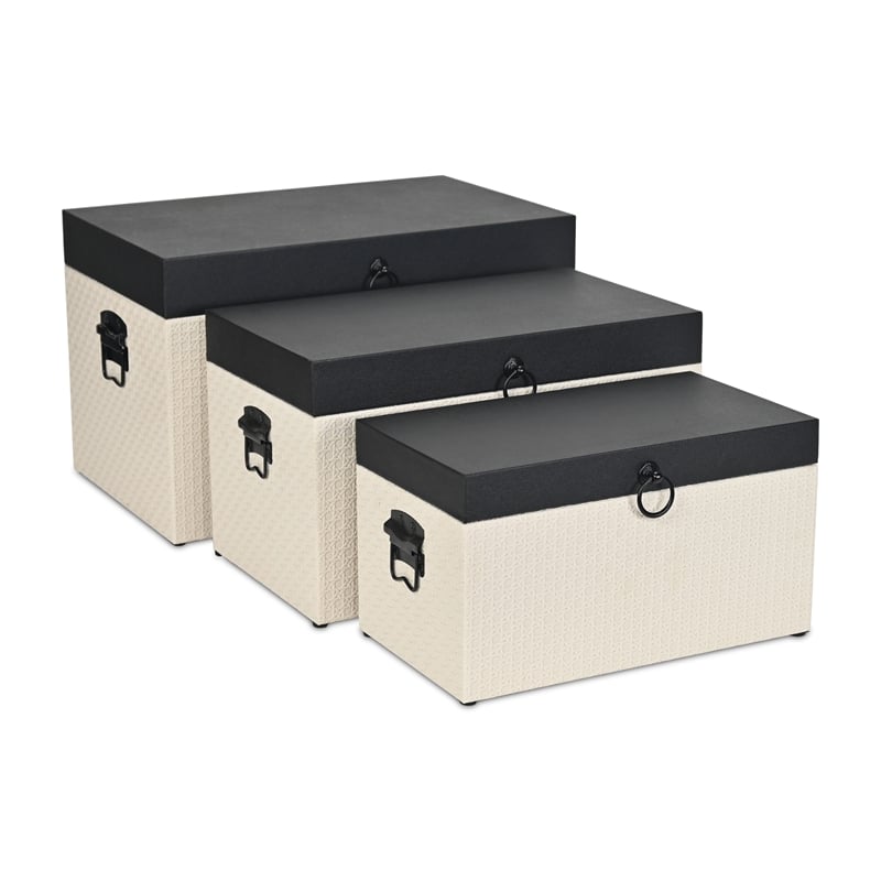 Pemberly Row Set of 3 Black Shagreen & Cream Wicker Pattern Storage Trunks