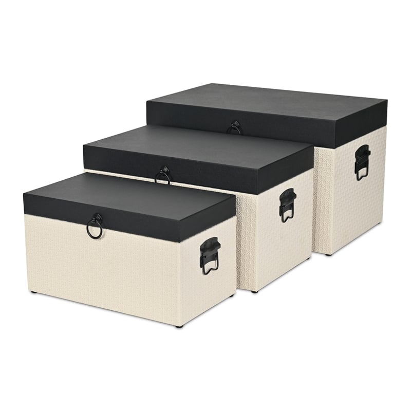 Pemberly Row Set of 3 Black Shagreen & Cream Wicker Pattern Storage Trunks