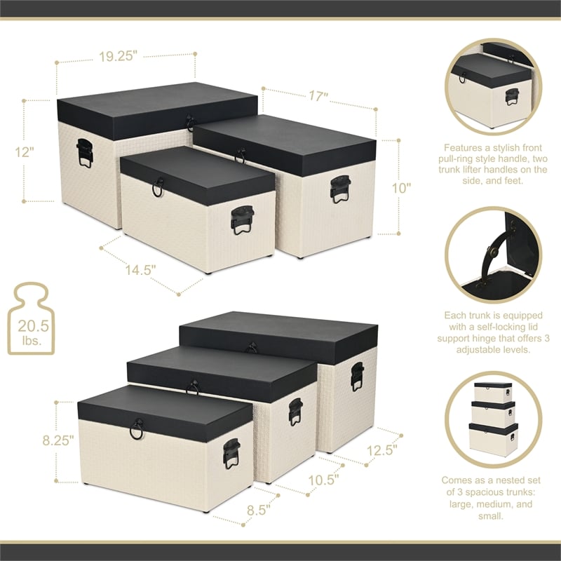 Pemberly Row Set of 3 Black Shagreen & Cream Wicker Pattern Storage Trunks