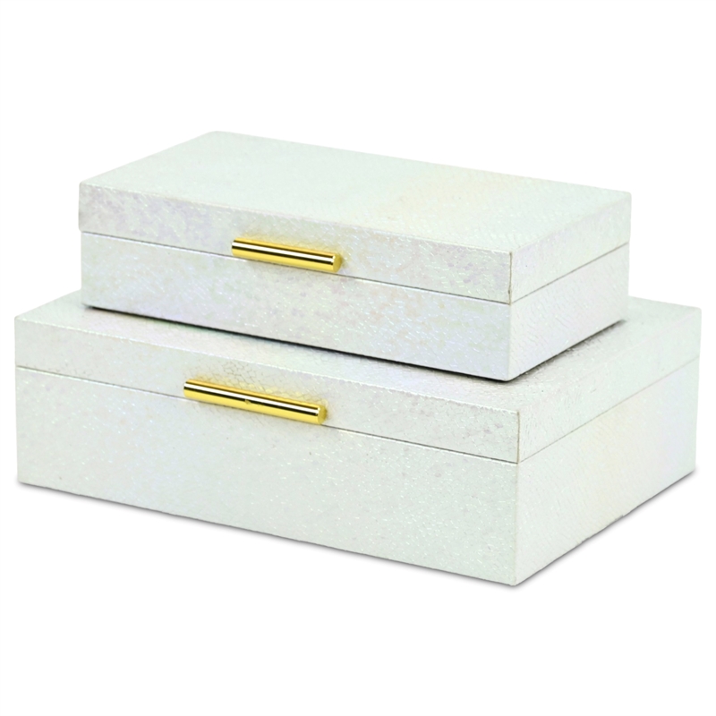 Pemberly Row Seascale Pattern Iridescent Box Set with Gold Handles - White