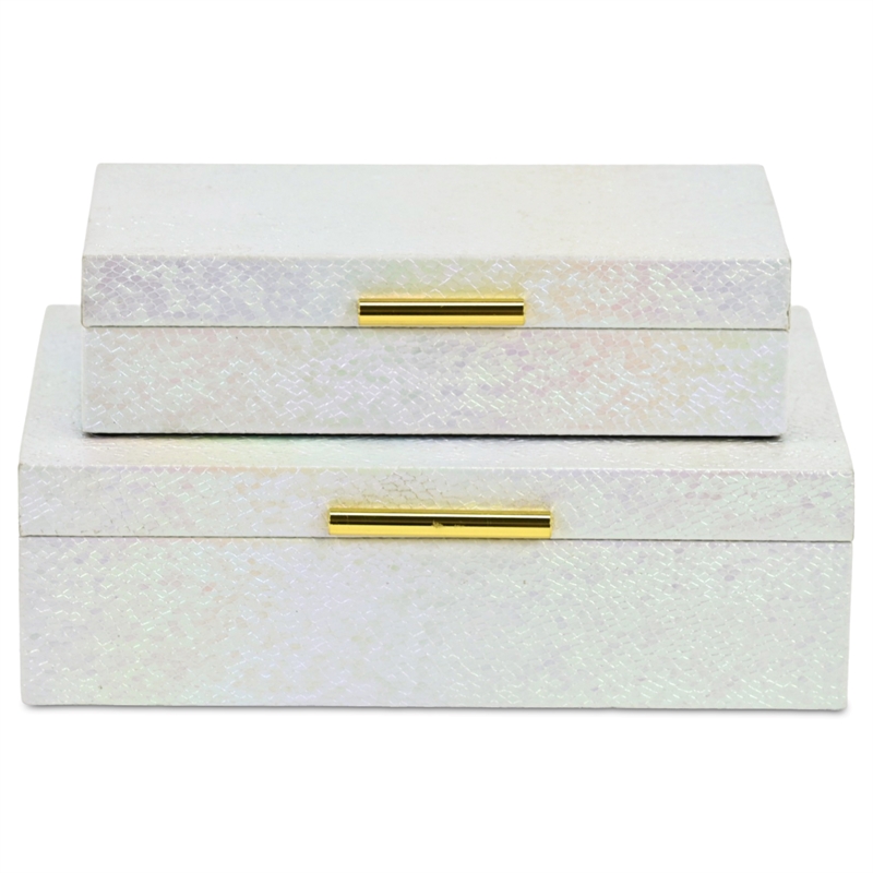 Pemberly Row Seascale Pattern Iridescent Box Set with Gold Handles - White